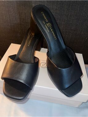 🖤 NWB! Chinese Laundry Black Square Toe Leather Block Heel Mules. Size 9